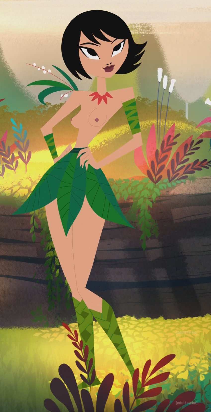 1girls 2d_(artwork) accurate_art_style ashi_(samurai_jack) black_hair daughters_of_aku edit exposed exposed_breasts female female_only happy_female heroine leaf_bikini looking_up nature_background no_outlines plant plants samurai_jack screenshot screenshot_edit short_hair snudur solo topless