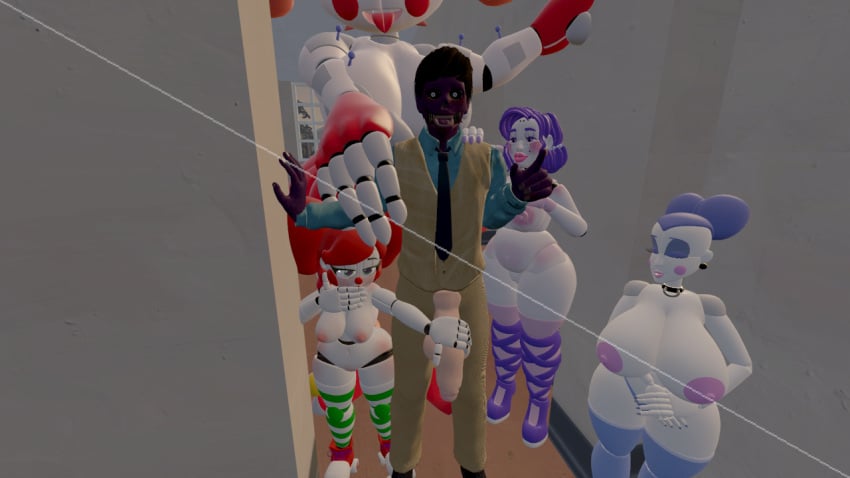 1boy 3d 4girls baby_(fnafsl) ballora_(fnafsl) beige_penis big_breasts big_penis circus_baby_(fnaf) five_nights_at_freddy's five_nights_at_freddy's:_sister_location michael_afton purple_body purple_skin shorter_female source_filmmaker summer_of_87_baby taller_girl