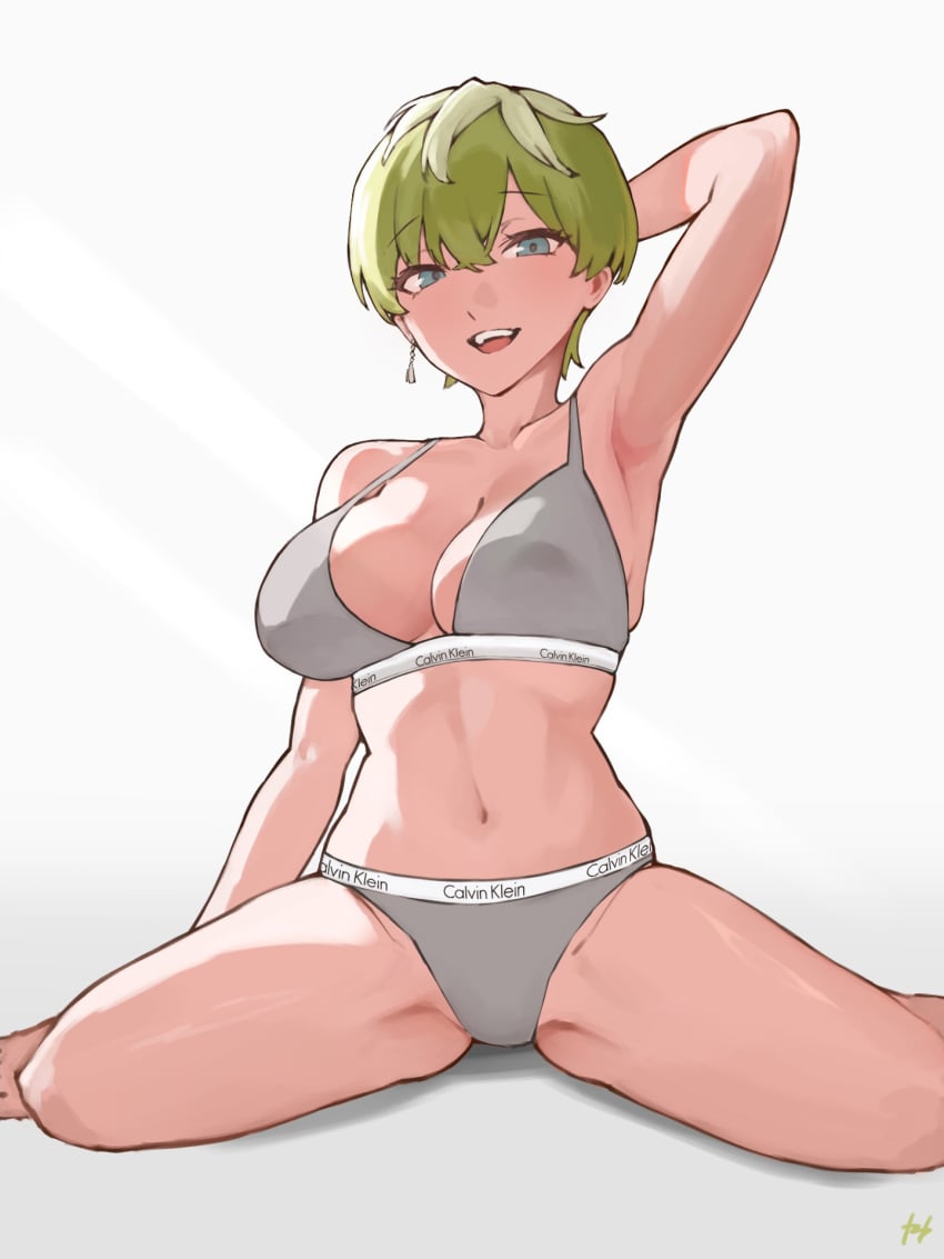 1girls 2024 2d adult adult_female armpit artist_name artist_signature ass_visible_through_thighs beige_skin big_breasts blank_background blonde_hair blue_eyes bra breasts calvin_klein confident female female_focus female_only fit fit_female front_view fukuya_art gray_bra gray_panties green_hair grey_bra grey_panties human human_female human_only izumo_tenka large_breasts light-skinned_female light_skin lime_hair looking_at_viewer mato_seihei_no_slave multicolored_hair one_arm_behind_head one_arm_up panties pin-up pin_up pinup pose posing realistic_breast_size realistic_proportions short_hair simple_background single_earring solo solo_female solo_focus thighs white_background white_hair young_woman