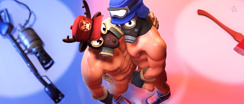 2024 2boys abs axe duo duo_focus eyes flamethrower gasmask gay gloves goggles hand_on_penis hat intimate male male/male male_only mask masked_male muscular muscular_male pyro pyro_(team_fortress_2) pyro_the_flamedeer rubber_gloves shoes signature source_filmmaker tauntilock team_fortress_2 valve weapons