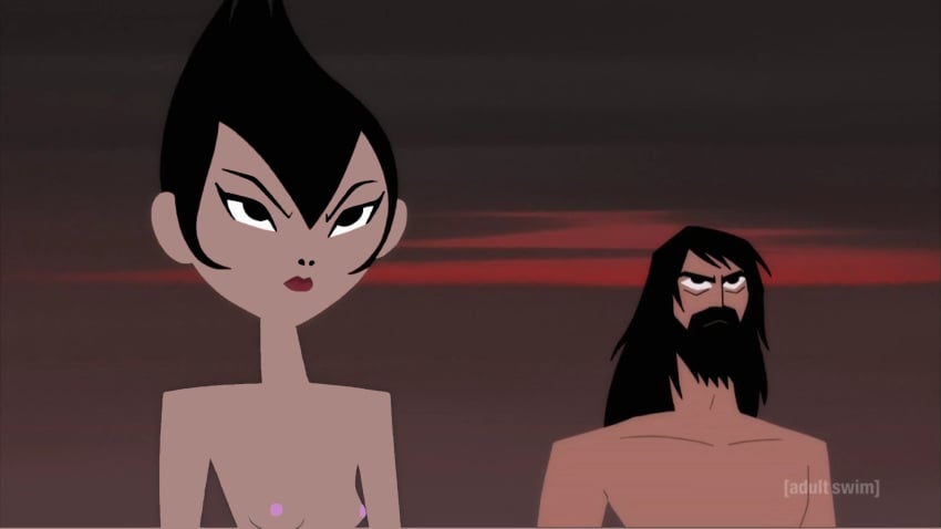 1boy 1boy1girl 1girls ashi_(samurai_jack) clouds daughters_of_aku edit exposed_breasts exposed_nipples m1dnight naked naked_female naked_male nude nude_female nude_male samurai_jack samurai_jack_(character) screenshot screenshot_edit unhappy_female unhappy_male