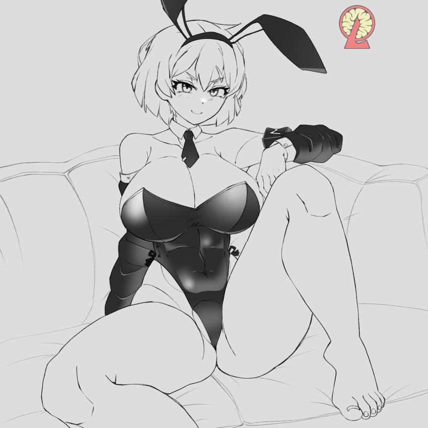 1girls armband barefoot bunny_ears bunny_girl bunnysuit busty cleavage female huge_breasts library_of_ruina lobotomy_corporation malkuth_(lobotomy_corporation) project_moon pumpkinpie2310 shoeless sitting_on_couch smile tagme tie