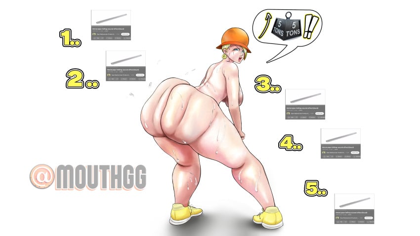 1girls 2d artist_name ass ass_bigger_than_head ass_clapping ass_shake blonde_female blonde_hair construction_helmet earrings exaggerated_anatomy female female_only gigantic_ass hat hat_only helmet helmet_only high_resolution highres looking_back massive_ass meme mikita_(one_piece) miss_valentine mouthgg nude nude_female one_piece pawg simple_background sneakers standing sweat sweatdrop sweating sweaty training twerk twerking twitter twitter_username white_background yellow_hair