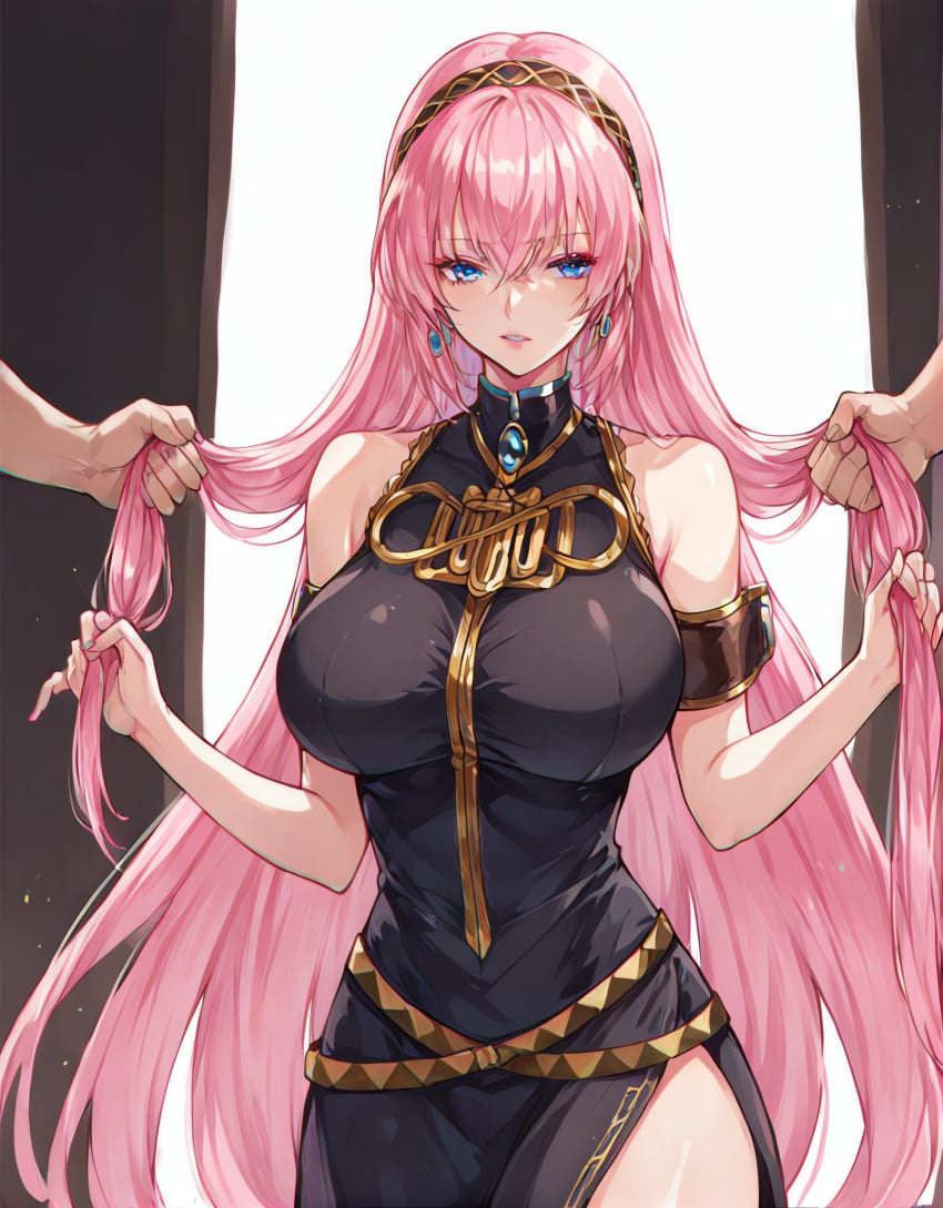 2boys1girl ai_generated armband belt blue_eyes hair_fetish hair_grab large_breasts megurine_luka pink_hair pony_diffusion_xl very_long_hair vocaloid