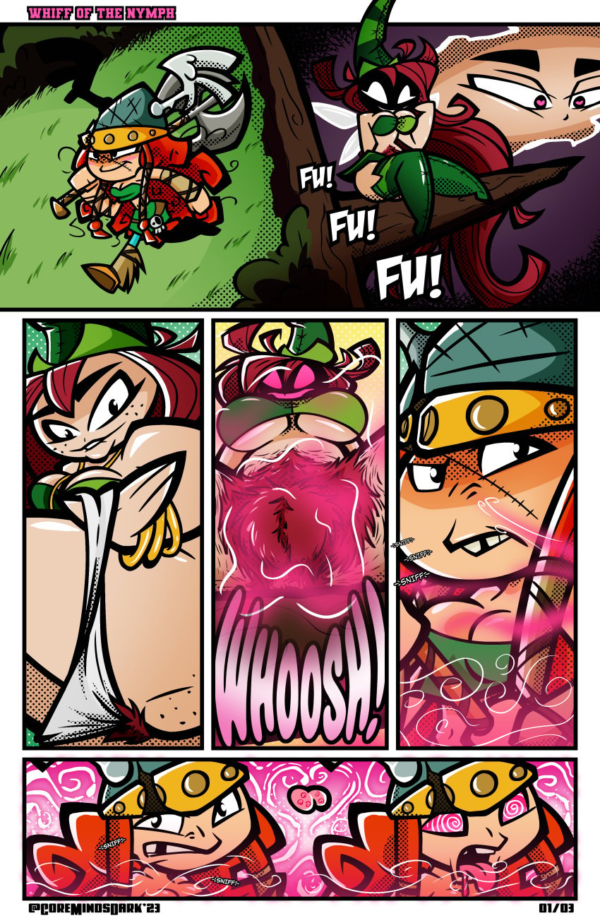 2023 barbara_(rayman) betilla_(rayman) comic comic_page coremindsdark drool excessive_pubic_hair female female_only hairy hairy_pussy hirsuite hypnosis long_hair mind_control musk nymph_(rayman) page_1 page_number pubes rayman_(series) rayman_legends rayman_origins red_hair sequence smell_fetish yuri