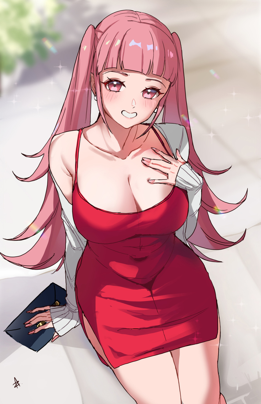 1girls alternate_costume blunt_bangs blush breasts cleavage collarbone dress earrings female female_only fire_emblem fire_emblem:_three_houses grin hand_on_own_chest highres hilda_valentine_goneril jewelry large_breasts long_hair nintendo pearl_earrings pink_eyes pink_hair pink_nails red_dress short_dress side_slit sitting smile solo sparkle twintails very_long_hair women's_wallet zedoraart