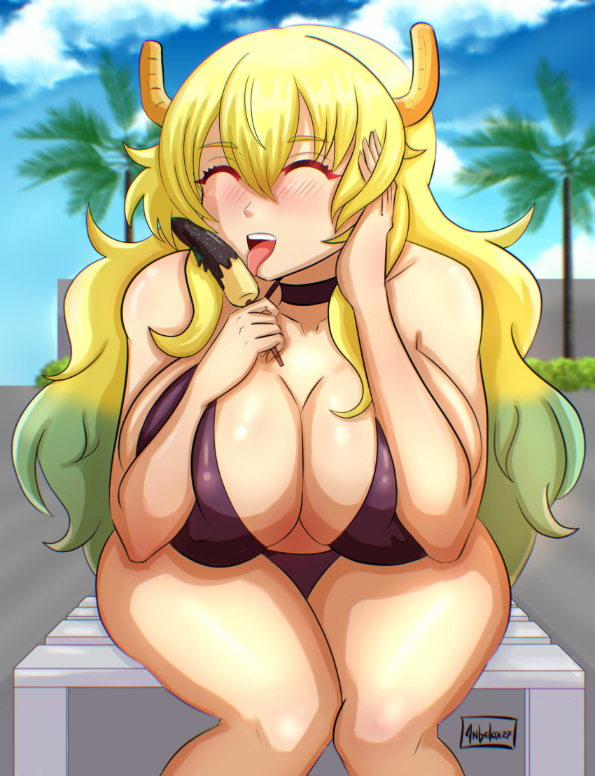 angelox27 breasts light-skinned_female light_skin long_hair lucoa lucoa_(maidragon) miss_kobayashi's_dragon_maid palm_tree quetzalcoatl_(dragon_maid) swimsuit thighs