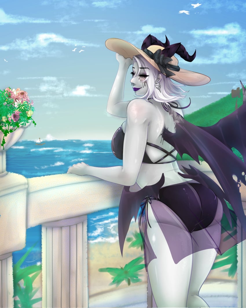 artist_request ass back_view balcony black_eyeliner chin_piercing closed_eyes deathblooms demon_girl demon_horns demon_wings lavender_hair lavender_skin nose_piercing purple_lipstick sea sunhat virtual_youtuber vtuber