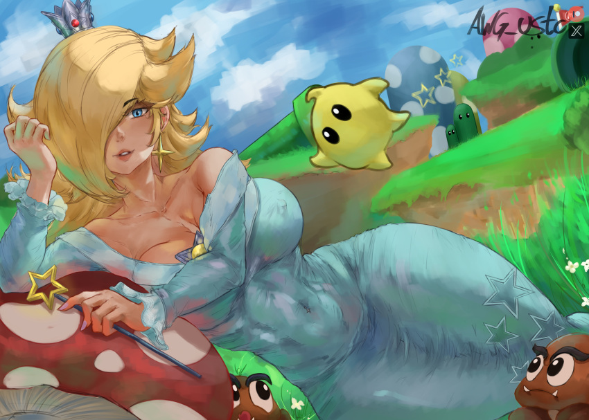 awg_usto big_breasts blonde_hair blue_eyes cleavage dress goomba luma mario_(series) outdoors princess princess_rosalina super_mario_bros. tight_clothes