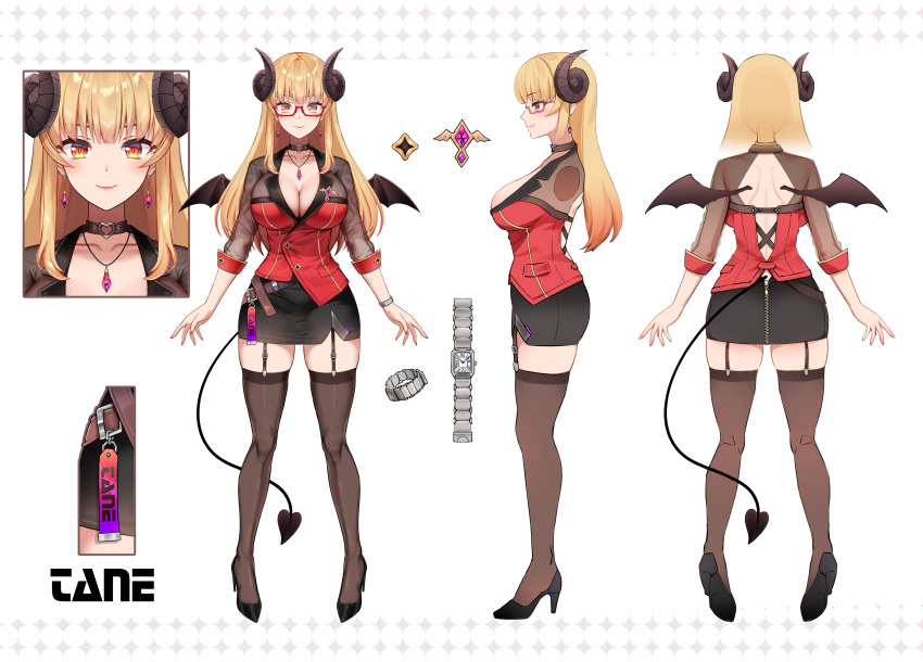 blonde_hair cleavage demon_girl demon_horns demon_tail earrings glasses heels indie_virtual_youtuber large_breasts model_sheet red_eyes succubus tane_tenshi virtual_youtuber vtuber