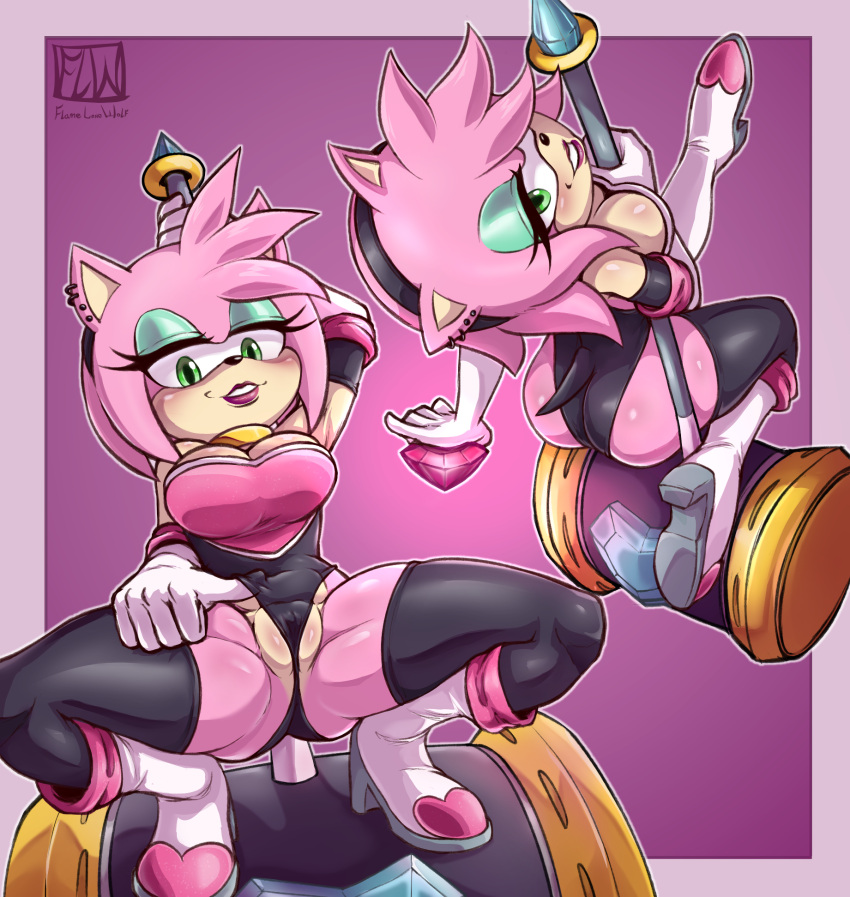 amy_rose amy_the_bat chaos_comics green_eyes hammer neckline pink_fur pink_hair pink_skin rouge_the_bat_(cosplay) seductive_look sonic_(series) sonic_the_hedgehog_(series) swimsuit thigh_highs