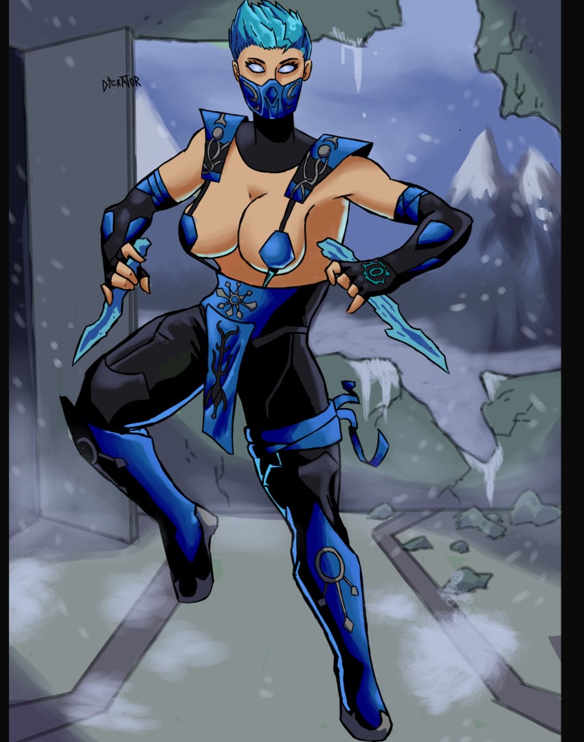 barely_contained barely_contained_breasts big_breasts breasts covered_nipples fanart female female_only fingerless_gloves frost_(mortal_kombat) inner_sideboob mask masked masked_female mortal_kombat mortal_kombat_11 ninja non_nude short_hair skimpy skimpy_clothes skimpy_outfit