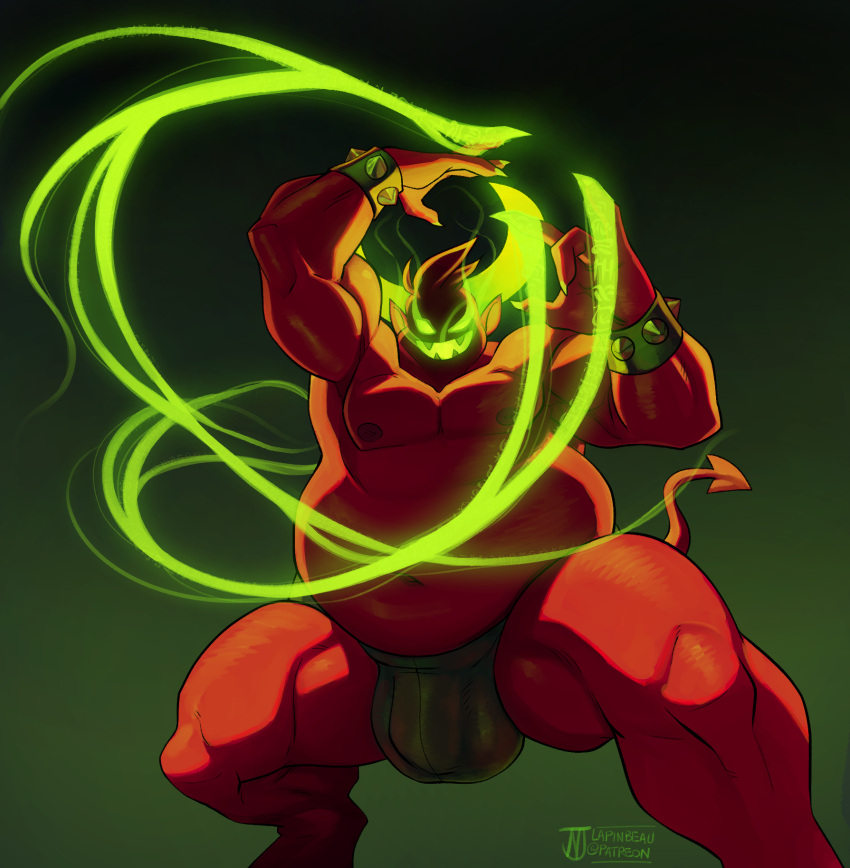 bracelet bulge bune_(lapinbeau) clothing curved_horn demon demon_humanoid fangs glowing glowing_eyes green_background hair hi_res horn humanoid humanoid_pointy_ears jewelry lapinbeau magic magic_user male male_only muscle_tone musclegut muscular muscular_humanoid muscular_male open_mouth open_smile pecs red_body red_hair red_skin simple_background slightly_chubby slightly_chubby_humanoid slightly_chubby_male smile solo spade_tail spiked_bracelet spikes tail teeth thong underwear