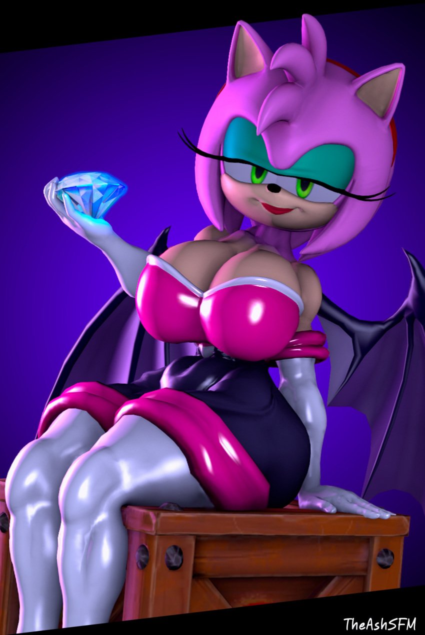 3d_(artwork) amy_rose amy_the_bat big_breasts bodysuit busty chaos_emerald curvy neckline rouge_the_bat_(cosplay) seductive sonic_(series) spandex_suit thick_thighs