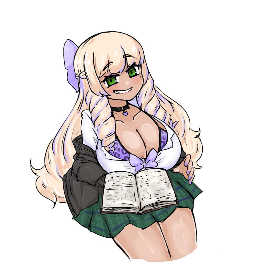 _dorku bikini blonde_hair cheetah_print choker drill_hair green_skirt grin gyaru huge_breasts jacket kodou-sama(cownon) large_breasts long_hair mage nail_polish naughty_face platinum_blonde_hair purple_highlights revealing_clothes school_uniform smug smug_face tan