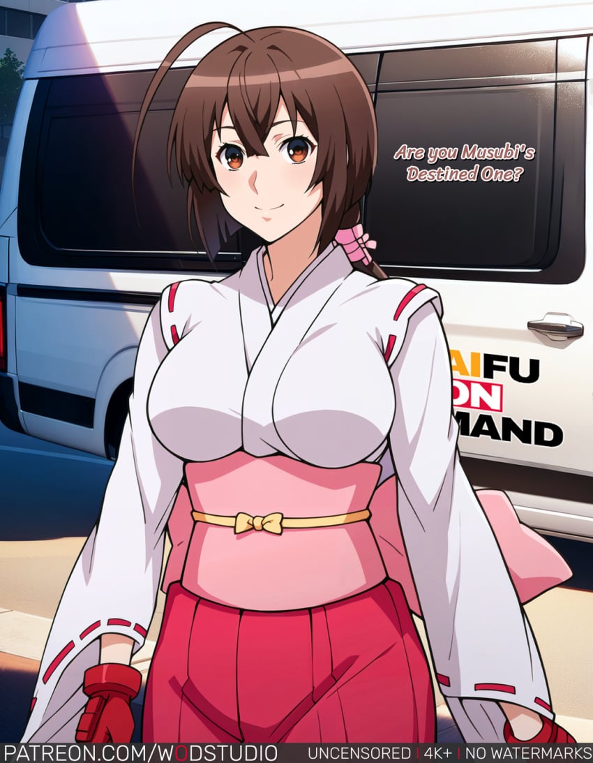 ahoge ai_generated breasts brown_eyes brown_hair car clothing copyright_name female female female_only gloves ground_vehicle hair_ornament hakama kantai_collection kimono large_breasts long_hair looking_at_viewer low_ponytail miko motor_vehicle musubi obi ponytail red_gloves ribbon-trimmed_sleeves ribbon_trim robe sash sekirei short_hair skirt smile solo text tied_hair wafuku white_kimono wide_sleeves wodstudio