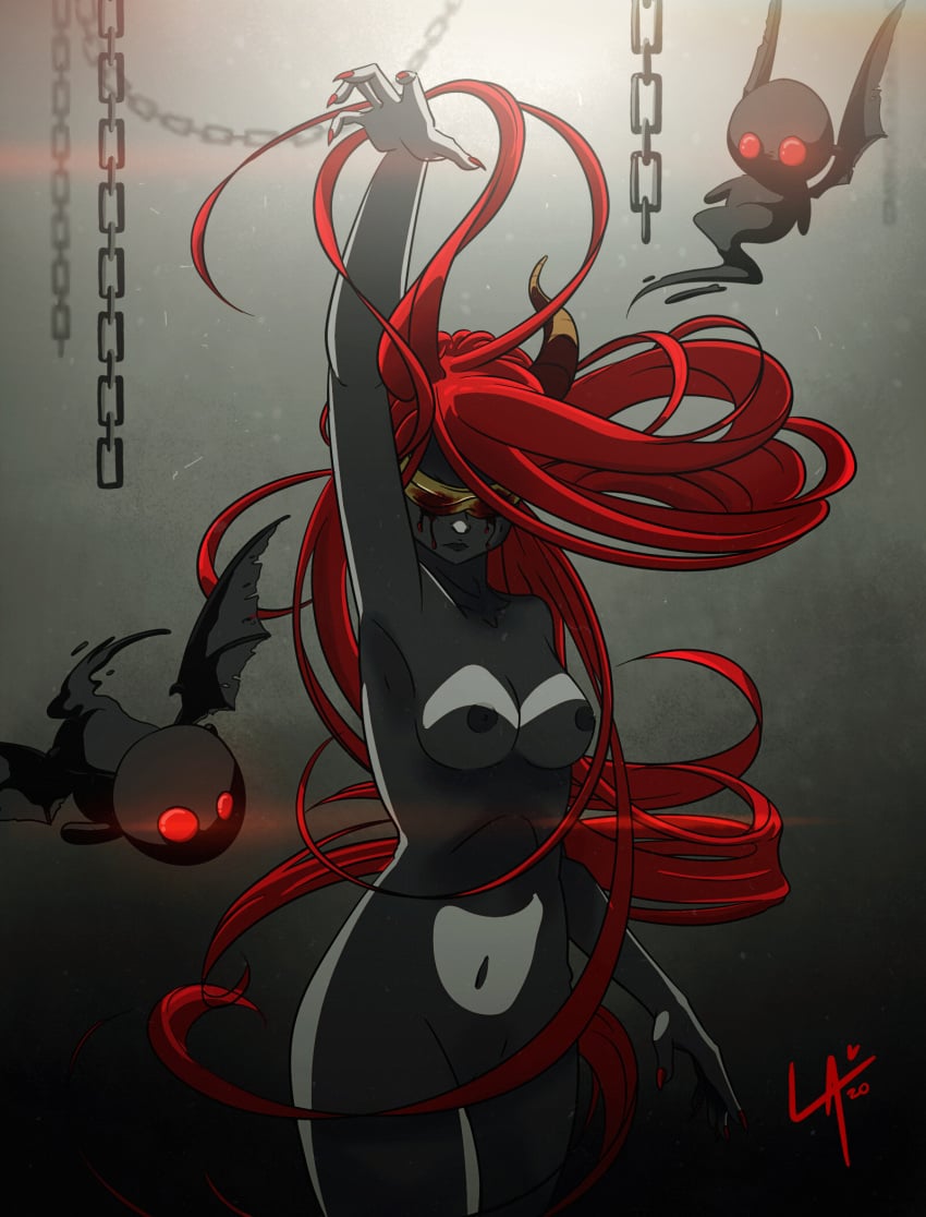 1girls black_body bleeding blindfold blood demon demon_girl demon_horns flowing_hair laxianne lilith_(the_binding_of_isaac) long_hair nail_polish posing red_hair red_nails sitting solo solo_female solo_focus the_binding_of_isaac toned toned_female