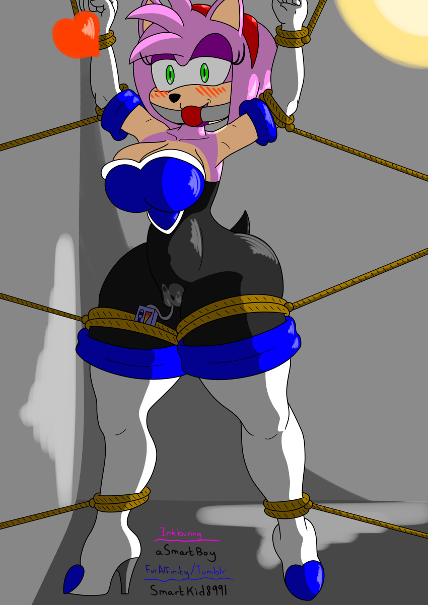 amy_rose amy_the_bat ball_gag big_breasts bodysuit breasts curvy excited_female female female_masturbation heart horny_female neckline rouge_the_bat_(cosplay) smartkid8991 sonic_(series) spandex_suit tied vibrator