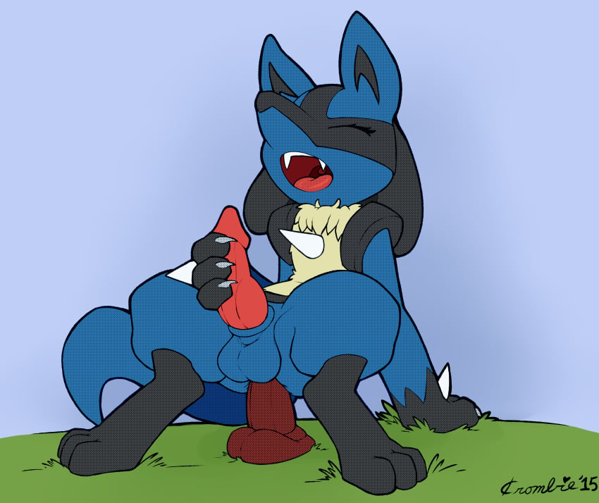 1boy 2015 absurd_res anal anal_masturbation anal_sex anthro arm_support blue_fur canine claws closed_eyes color_edit colored crombie crouching digitigrade dildo dildo_sitting edit erection eyelashes fangs front_view fur furry grass handpaw hi_res hindpaw knot lucario male male_only mammal masturbation moan nintendo open_mouth paws pawtsun penetration penile_masturbation penis pokemon pokemon_(species) pokemon_dppt red_penis sex_toy snout solo spikes spread_legs spreading teeth testicles text tongue toying_self video_games