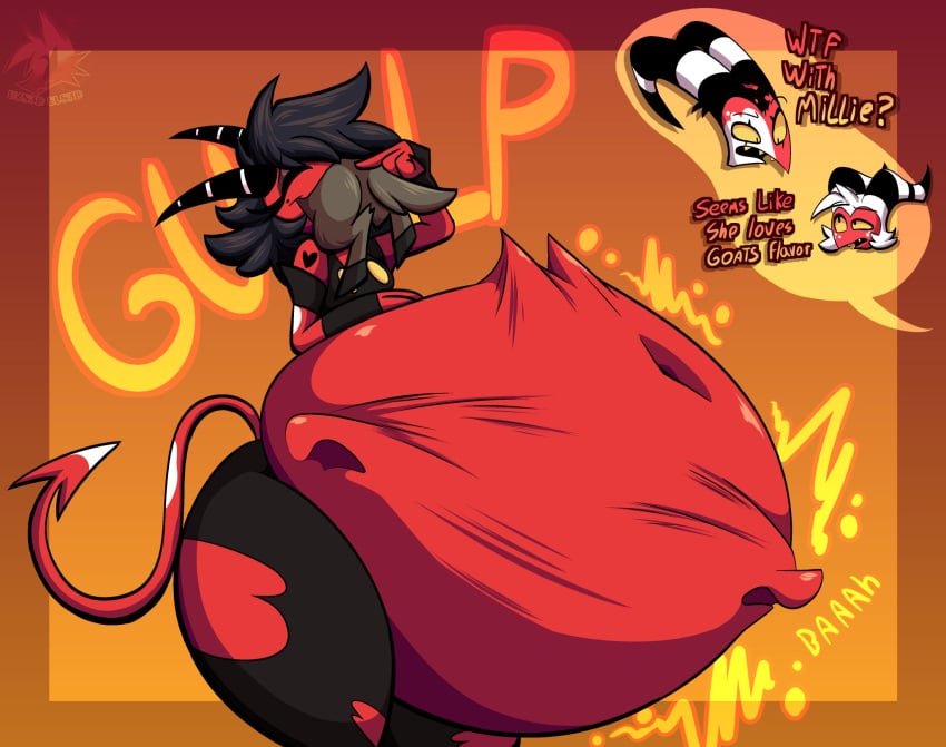 big_belly big_breasts blitzo_(helluva_boss) helluva_boss millie_(helluva_boss) moxxie_(helluva_boss) red_skin swollen_belly vivienne_medrano vivziepop vore vore_belly