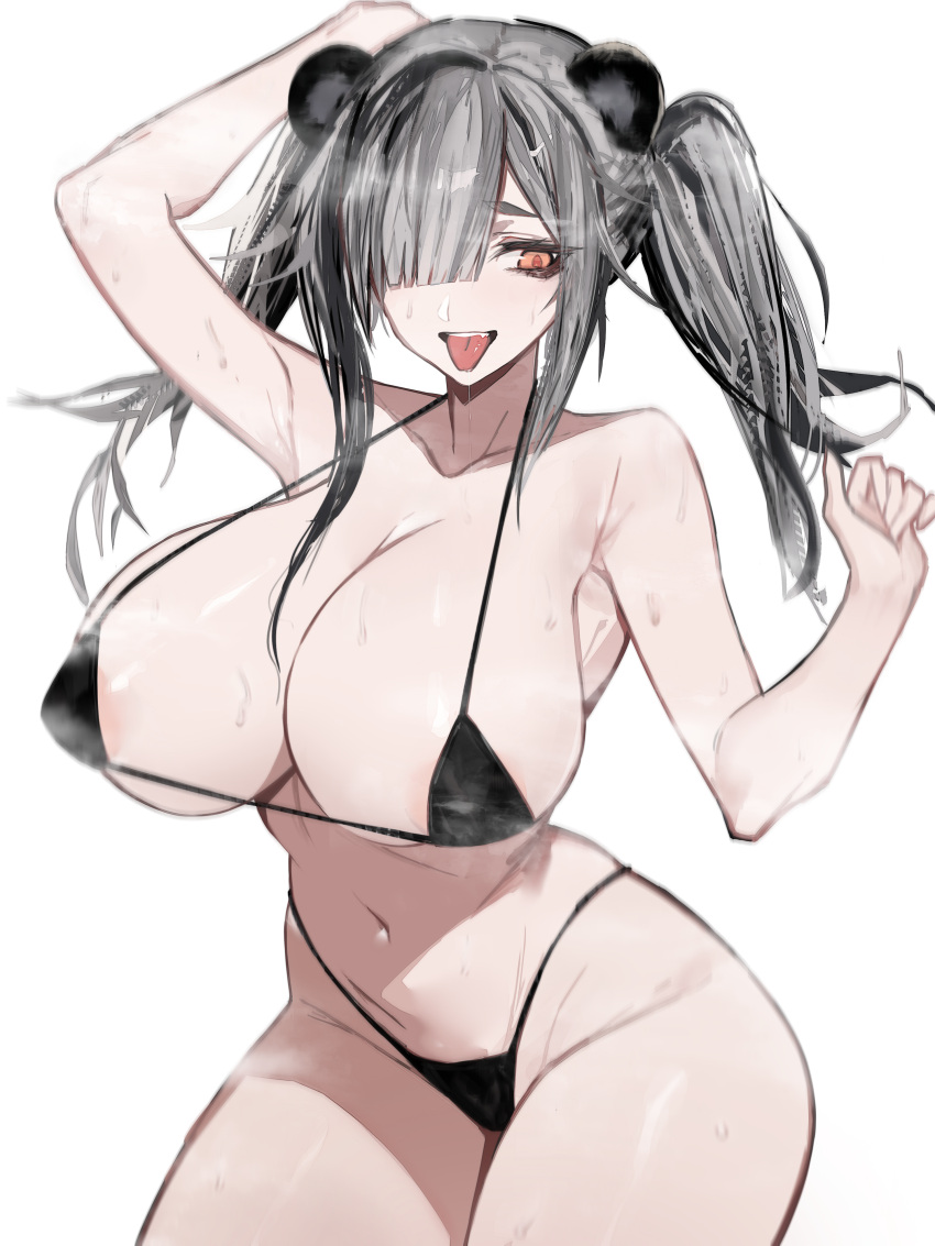 1girls animal_ears arknights bikini blunt_bangs feater_(arknights) female female_only hair_over_one_eye hi_res huge_breasts kemonomimi micro_bikini navel swimsuit tongue tongue_out twintails vxdrq