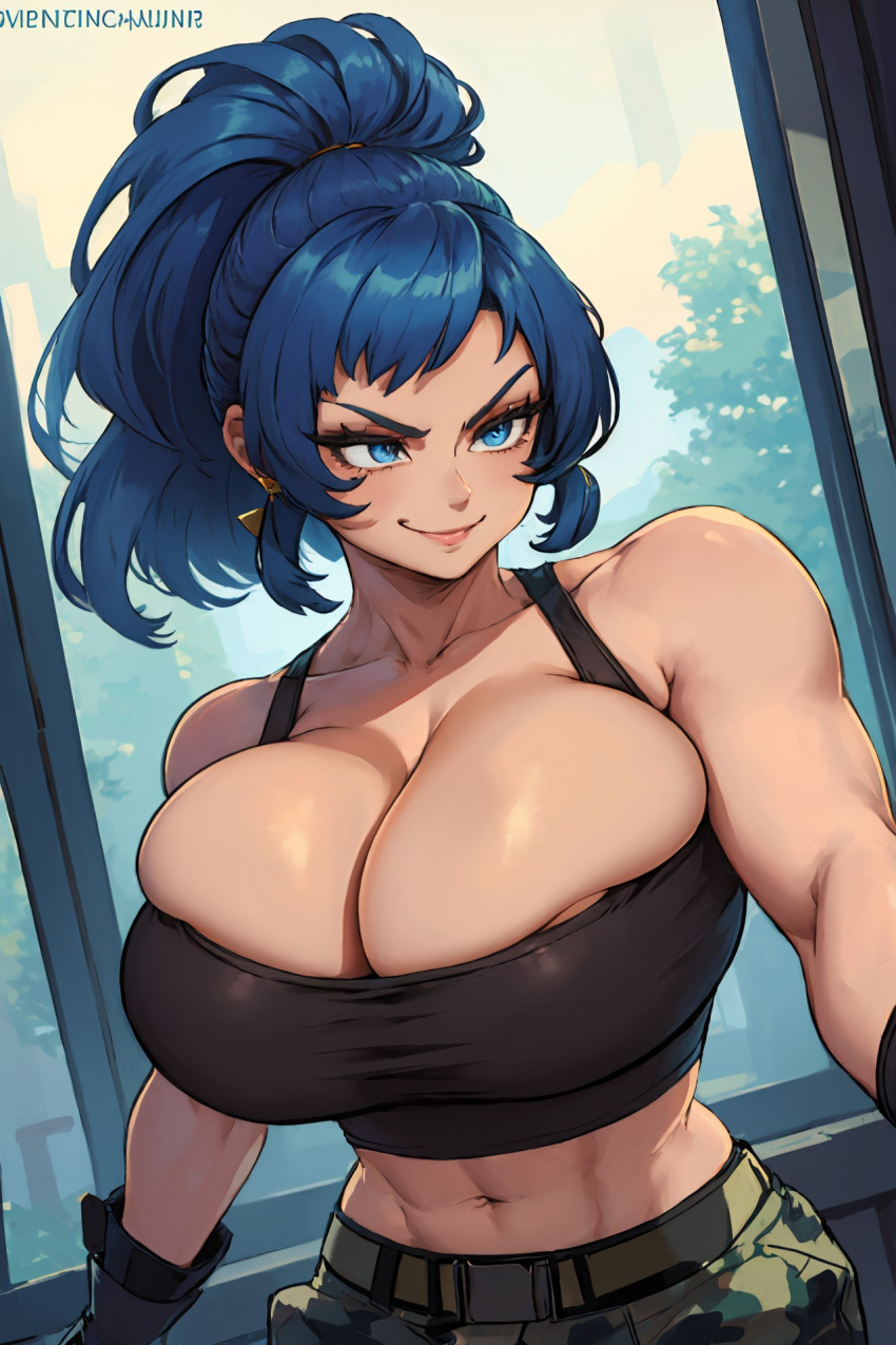 1girls 2d abs ai_generated athletic athletic_female bare_shoulders belly belly_button big_breasts blue_eyes blue_hair breasts busty_buff crop_top female gloves huge_breasts king_of_fighters large_breasts leona_heidern long_hair looking_to_the_side midriff pants smile snk solo source standing tampopo tied_hair wide_shoulders