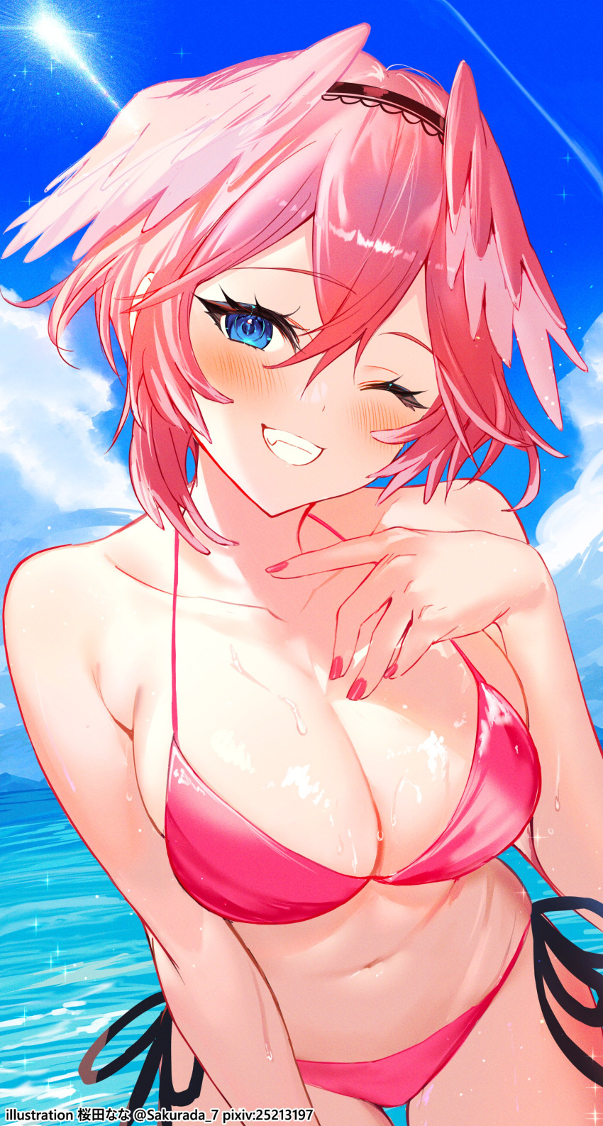 1girls 2d 2d_(artwork) alternate_costume belly_button big_breasts bikini bikini_bottom bikini_top blue_eyes bra cleavage clouds day female female_focus female_only front_view high_resolution highres hololive hololive_japan holox hourglass_figure light-skinned_female light_skin looking_at_viewer navel ocean one_eye_closed pink_bikini pink_bikini_bottom pink_bikini_top pink_hair pink_nails sakurada_7 short_hair sky slim_girl smiling smiling_at_viewer solo solo_female solo_focus standing summer swimsuit takane_lui thong thong_bikini virtual_youtuber vtuber vtuberfanart water