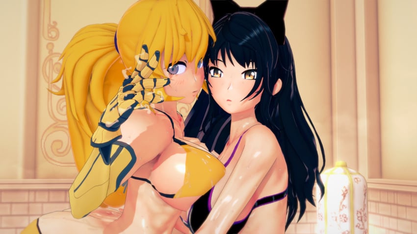 2girls bikini bikini_bottom bikini_top black_hair black_hair_female blake_belladonna blonde_female blonde_hair canon_couple multiple_girls ponytail purple_eyes robotic_arm rwby stormstriker wet wet_body yang_xiao_long yellow_eyes