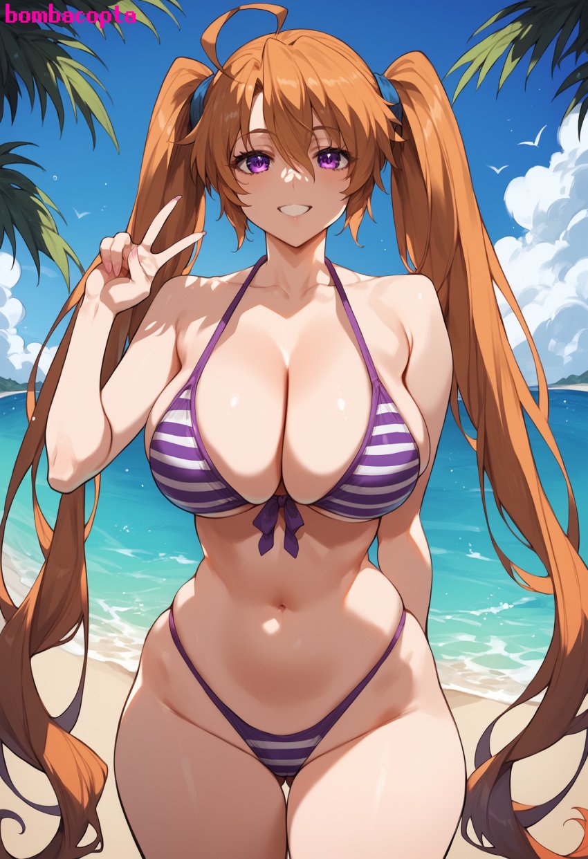 1girls ahoge ai_generated beach big_breasts bikini bombacopta breasts cleavage cleavage_overflow grin high_school_dxd large_breasts long_hair midriff peace_sign purple_eyes shidou_irina smile thick_thighs twintails underboob