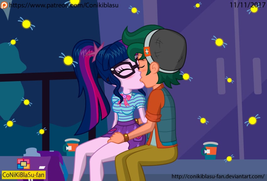 1boy 1boy1girl 1girls conikiblasu conikiblasu-fan equestria_girls female friendship_is_magic hand_on_thigh hasbro kissing legend_of_everfree legs male my_little_pony sci-twi straight thighs timber_spruce twilight_sparkle_(mlp)