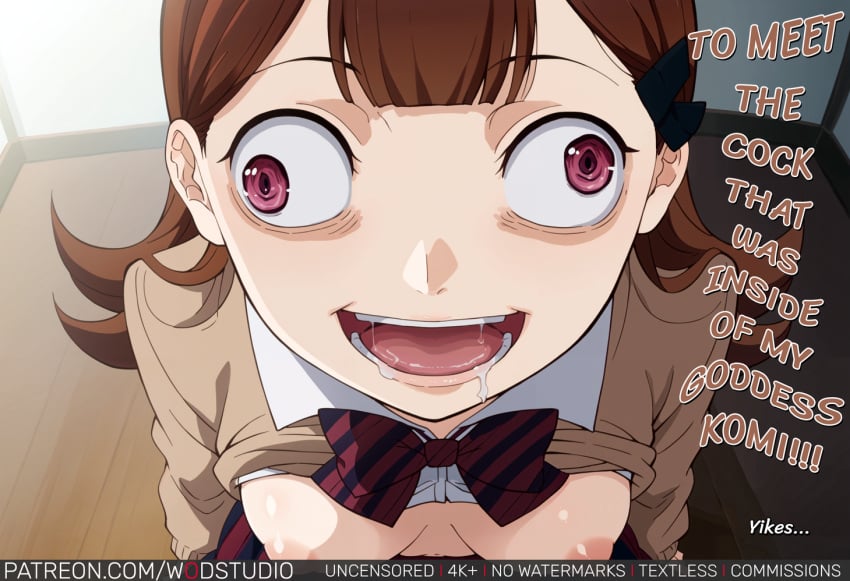 ai_generated blush bow bowtie breasts brown_hair clothes_lift clothing derp drooling english_language english_text female female_only komi-san_wa_komyushou_desu large_breasts livestream long_hair nipples open_mouth pink_eyes saliva school_uniform shirt shirt_lift small_breasts smile solo text tongue tongue_out uniform wodstudio yamai_ren