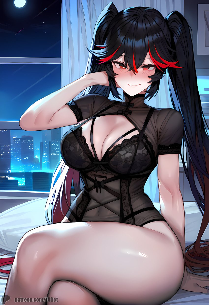 1girls ai_generated bedroom black_hair cityscape crossed_legs female large_breasts lingerie lucia_(punishing:_gray_raven) pale_skin punishing:_gray_raven red_eyes red_hair robot_girl sitting thick_thighs twintails