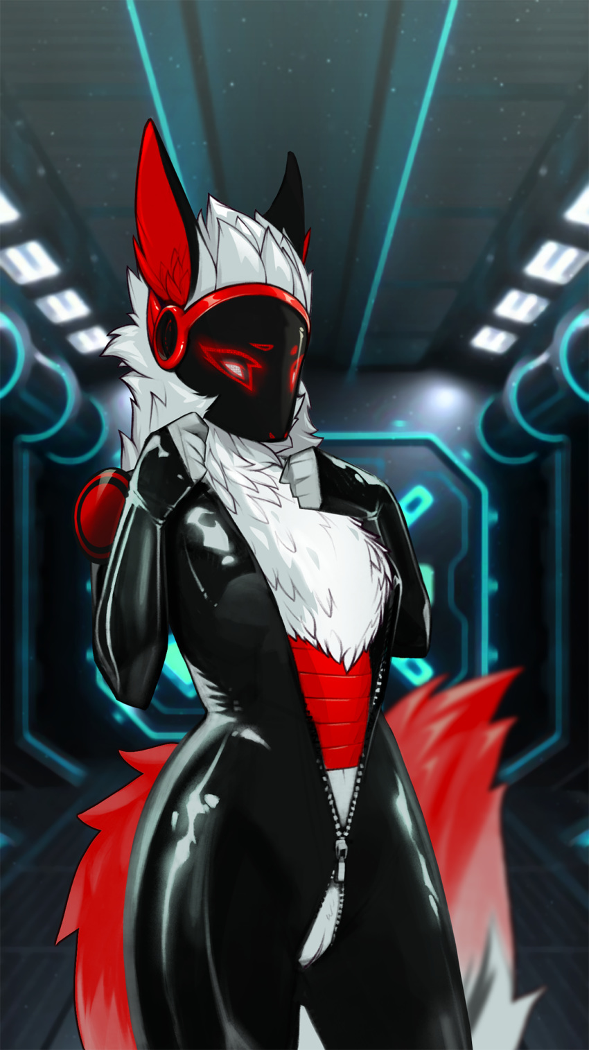 anthro black_fur bodysuit clothing female fluffy fur hi_res kimart_i lights machine noisy_(character) protogen pussy red_fur robot rubber science_fiction solo tight_clothing white_fur