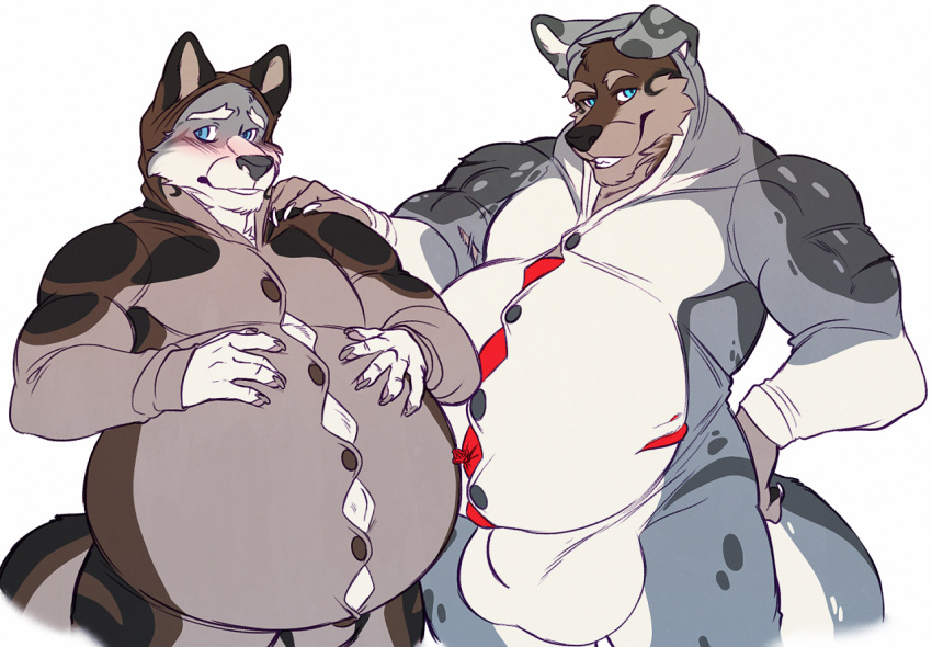 anthro balls big_balls bulge canine clothing hybrid kigurumi logie malamute male male_only male_pregnancy mammal pregnant simple_background the-narutoshi wolf wuffamute