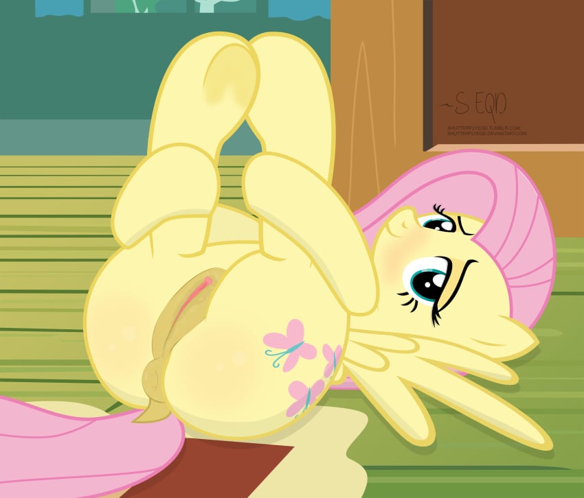 2017 animal_genitalia anus bedroom_eyes blush carpet clitoral_winking clitoris cutie_mark dock equine eyebrows eyelashes feathered_wings feathers female feral fluttershy_(mlp) friendship_is_magic hair half-closed_eyes hi_res inside looking_at_viewer lying mammal my_little_pony pegasus pink_hair presenting presenting_anus presenting_pussy pussy pussy_juice seductive shutterflyeqd smile solo solo_focus teal_eyes wings