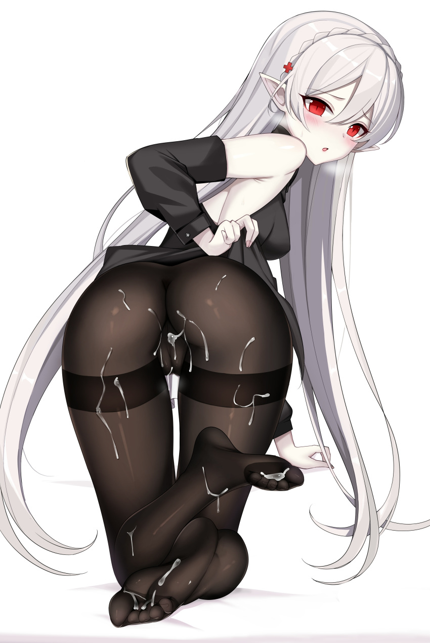 1girls arknights ass ateoyh back_view blush cameltoe cum cum_on_ass cum_on_body cum_on_clothes cum_on_feet cum_on_leg cum_on_legs cum_on_lower_body feet female female_only foot_fetish fully_clothed looking_back pantyhose pointy_ears red_eyes solo tagme thick_thighs thigh_gap thighband_pantyhose thighs warfarin_(arknights) white_background white_hair