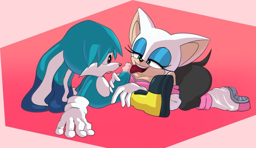 background bat_girl blue_skin boots caminacarro4000 colored eyelashes eyeshadow fennec_fox fox_boy fox_ears kitsunami_the_fennec licking_penis long_ears lying_on_stomach pattern_background penis rouge_the_bat sega shaded short_ears sitting_up sonic_(series) sonic_the_hedgehog_(archie) sonic_the_hedgehog_(comics) sonic_the_hedgehog_(idw) sonic_the_hedgehog_(series) white_skin