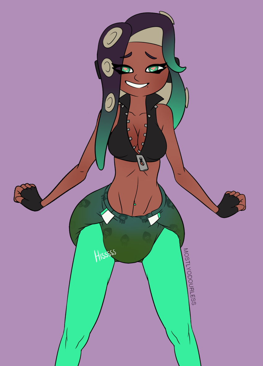 2017 big_breasts biped breasts cephalopod cleavage clothed clothing cloved crop_top diaper digital_media_(artwork) english_text female fingerless_gloves gloves green_eyes half-closed_eyes hi_res humanoid legwear marina_(splatoon) marine mollusk mostlyodourless navel navel_piercing nintendo octoling octopus octopus_humanoid open_mouth open_smile peeing piercing portrait shirt skimpy smile solo splatoon squid standing tentacle tentacle_hair text toony unzipped urine video_games wetting zipper