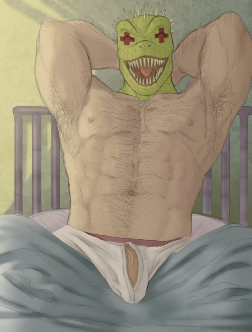 armpit_hair balls bara bed body_hair bulge closed_eyes dorohedoro for_a_head furry hands_behind_head kaiman lizard male male_only muscles muscular nk63171432 penis shirtless sitting solo solo_male underwear underwear_only