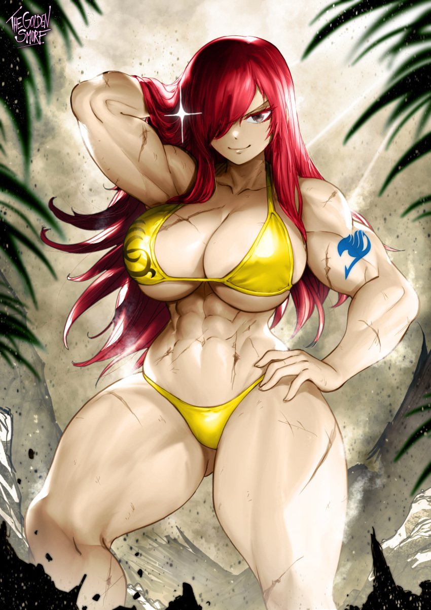 1girls abs arm_behind_head arm_tattoo big_breasts bikini bikini_bottom bikini_top blue_tattoo brown_eyes cleavage erza_scarlet fairy_tail fairy_tail_mark female female_only hair_over_eye hair_over_one_eye hand_on_hip light-skinned_female light_skin light_skinned_female long_hair muscular muscular_arms muscular_female muscular_legs muscular_thighs red_hair scar_on_arm scar_on_breasts scar_on_chest scar_on_leg scar_on_stomach scars sideboob smile smiling solo solo_female tattoo tattoo_on_arm thegoldensmurf thick_thighs underboob wide_hips yellow_bikini yellow_bikini_bottom yellow_bikini_top