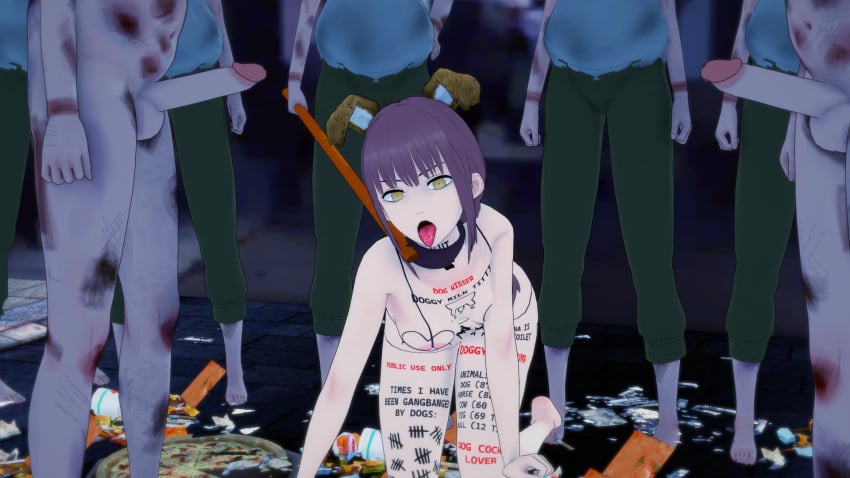 body_writing chainsaw_man goldieecchi hobo looking_at_viewer makima_(chainsaw_man) pizza sticking_out_tongue street trash ugly_bastard