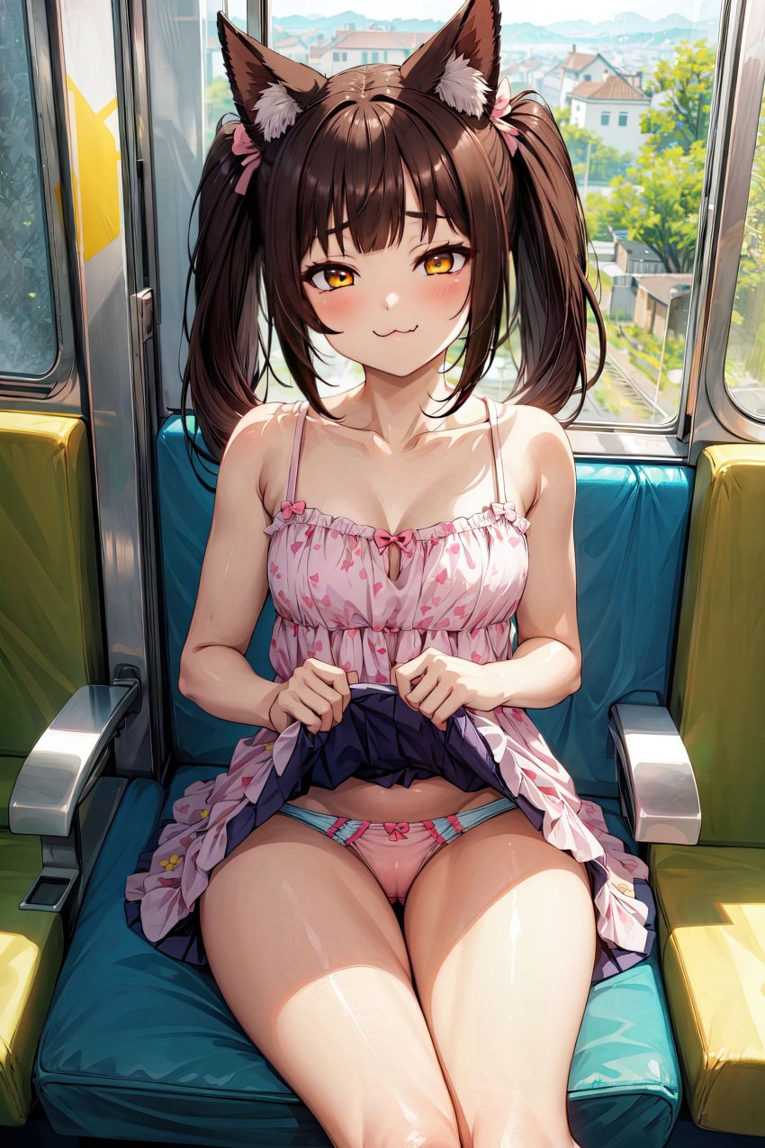 ai_generated breasts cameltoe cat_ears catgirl chocola_(sayori) cleavage cleft_of_venus exhibitionism grin inviting looking_at_viewer mesugaki nekopara panties public sassy seductive seductive_look seductive_smile skirt_lift smirk smirking smirking_at_viewer thick_thighs thighs twintails underwear