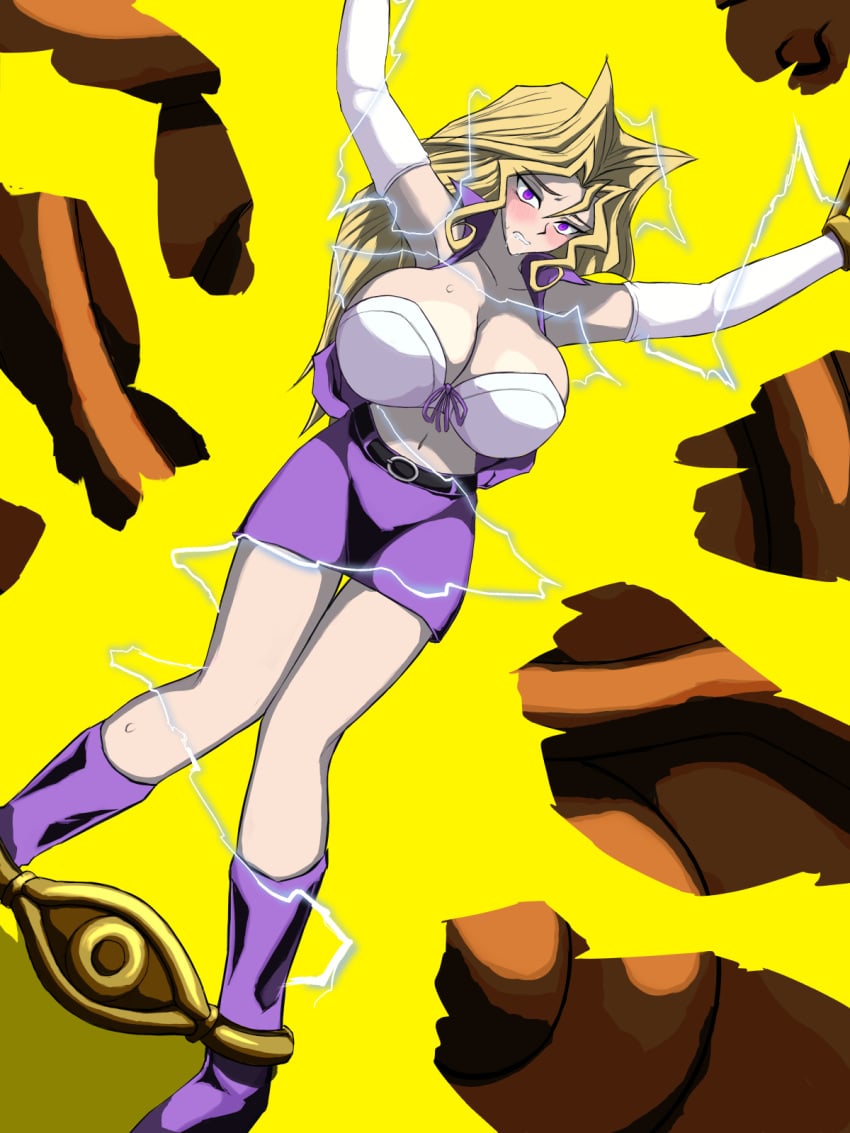 blonde_hair breasts cleavage electricity electrodes electrostimulation female kujaku_mai large_breasts leather leather_jacket leather_skirt long_hair mai_valentine milkcarton_man open_mouth purple_eyes purple_skirt restrained shiny_clothes thick_thighs thighs torture yu-gi-oh! yu-gi-oh!_duel_monsters