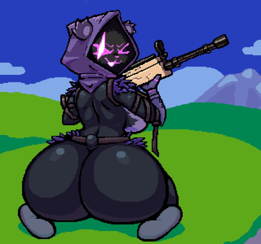 animated anthro ass big_breasts big_butt biped bouncing_butt breasts clothed clothing epic_games female fortnite fur gun headgear headwear hi_res holding_gun holding_object holding_weapon huge_butt looking_back nebssik outside pixel_art ranged_weapon raven_team_leader short_playtime smile weapon