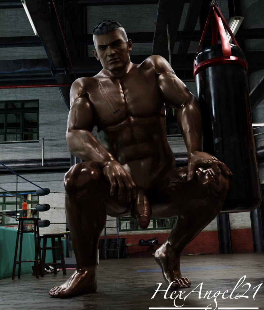 3d bara barefoot bayman dead_or_alive gay gym hexangel21 male_focus male_only muscular muscular_male nude penis solo