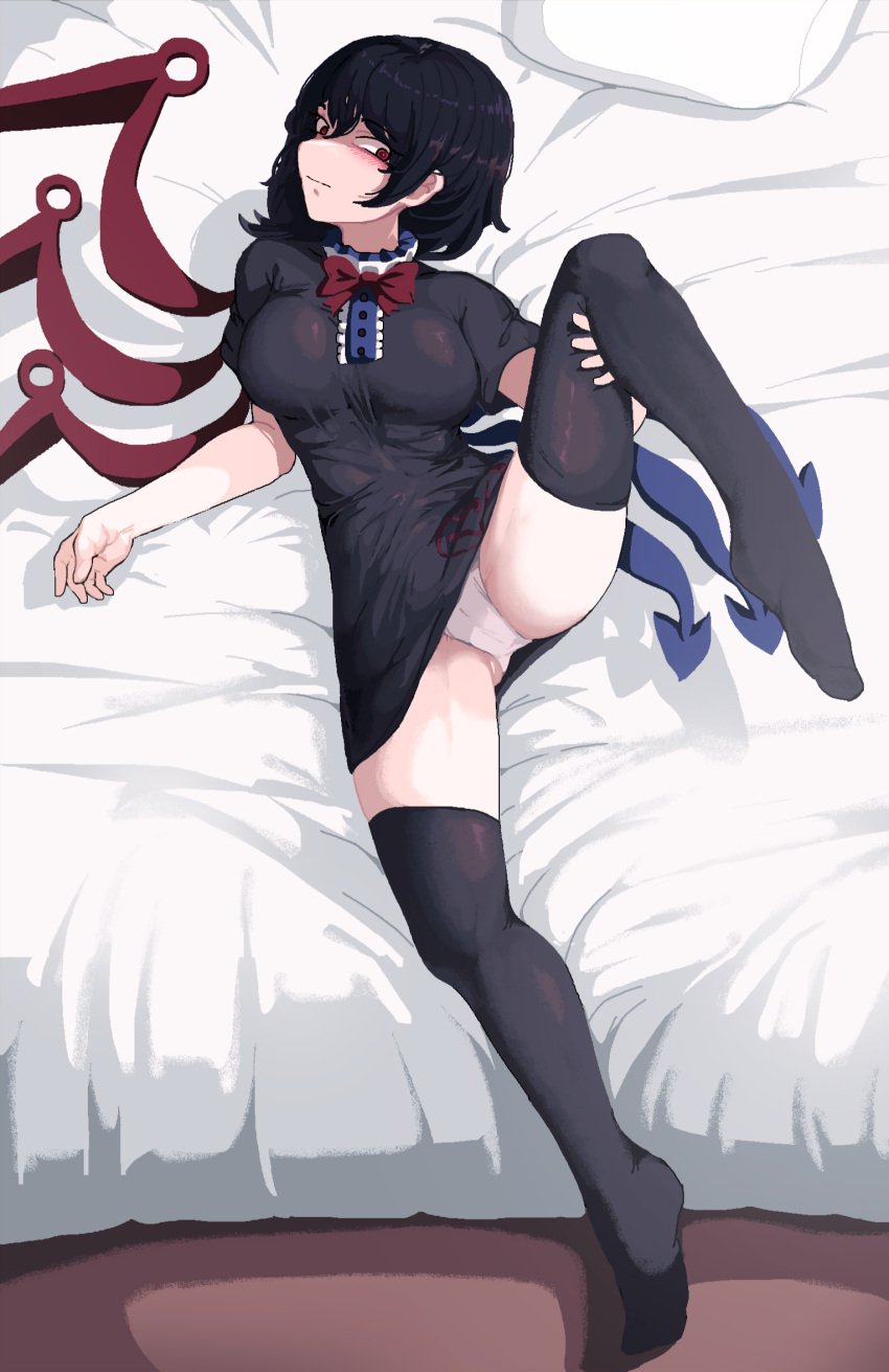 1girls 2d alien bed black_hair black_socks blush dress exposed_panties female humanoid leg_grab leg_lift nue_houjuu panties red_eyes short_hair socks son_(artist) source thigh_socks thighhighs touhou visible_underwear wings