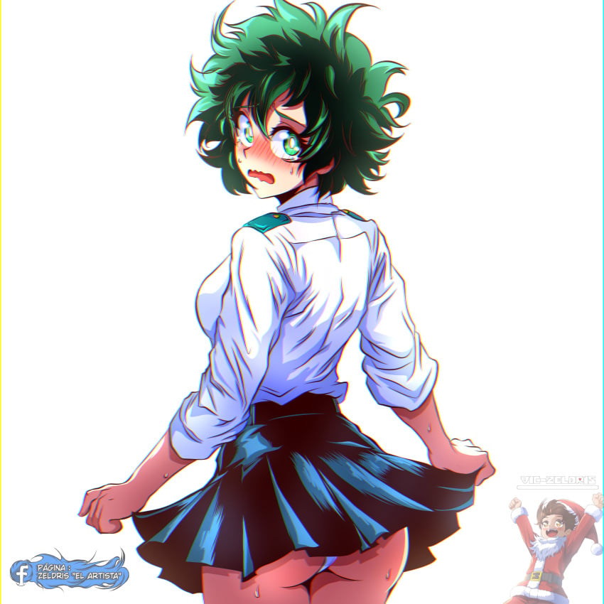 1girls ass ass_up big_ass boku_no_hero_academia embarrassed female female_deku female_focus female_human female_only genderswap_(mtf) green_eyes green_hair huge_ass izuku_midoriya looking_at_viewer midoriya_izuku my_hero_academia rule_63 school_uniform schoolgirl_uniform short_skirt skirt skirt_lift skirt_up solo_female solo_focus u.a._school_uniform vic-zeldris