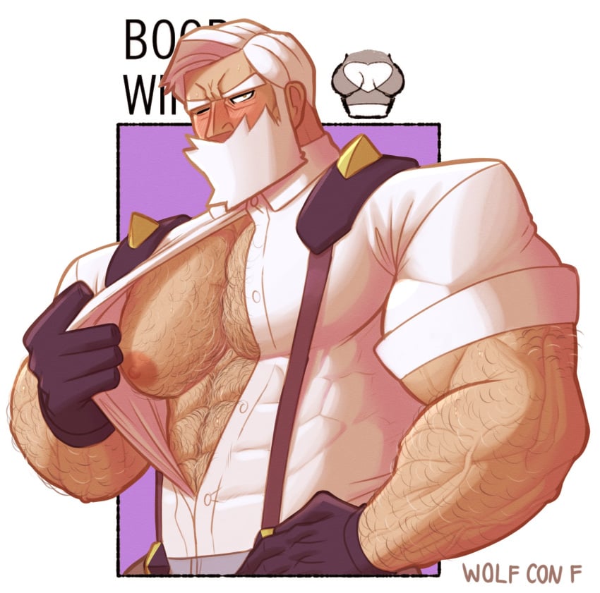 2d 2d_(artwork) 2d_artwork ahe_gao bara bara_tiddies bara_tits barazoku biceps blush dilf drayden ecstasy gay grandfather grey_hair hairy hairy_arms hairy_chest hairy_male male_only muscles muscular muscular_male nintendo no_visible_genitalia old_man older_male pecs pectorals pokemon shirt_cut_meme solo solo_male suspenders triceps white_background white_clothing wolf_con_f yellow_eyes