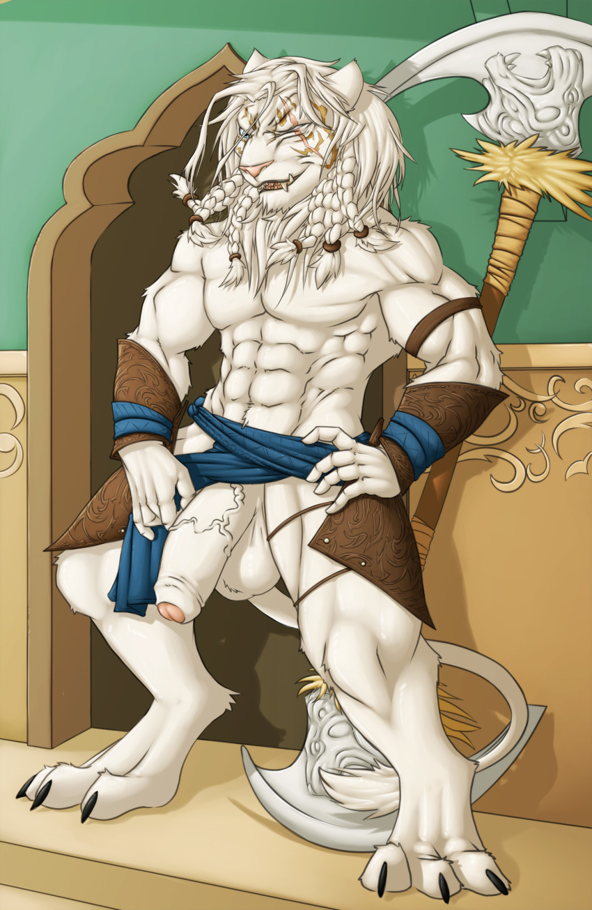 ajani_goldmane anthro balls big_penis feline half-erect hands_on_hips humanoid_penis looking_at_viewer magic_the_gathering male male_only mammal muscular muscular_male penis saruuk scar smile solo uncut vein