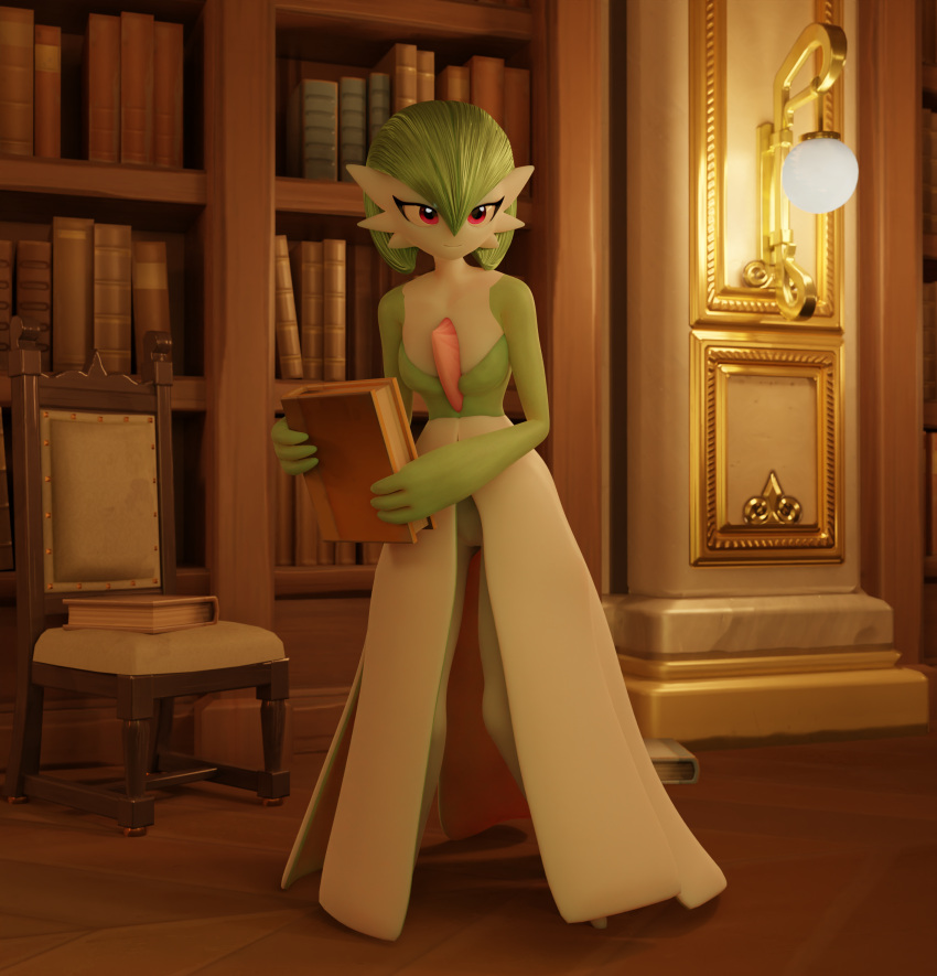 3d_(artwork) absurd_res book bookshelf breasts chair cleft_of_venus clothed clothing digital_media_(artwork) dress dress_open eyelashes female female_only furniture gardevoir generation_3_pokemon genitals green_body green_hair hair hi_res holding_book holding_object humanoid lamp library lorded nintendo no_underwear pokemon pokemon_(species) pussy red_eyes skirt smile solo standing visible_pussy vulva white_body